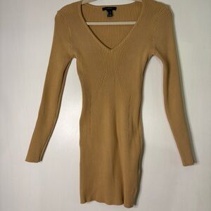Forever 21 Mustard Ribbed V-Neck Long Sleeve Dress